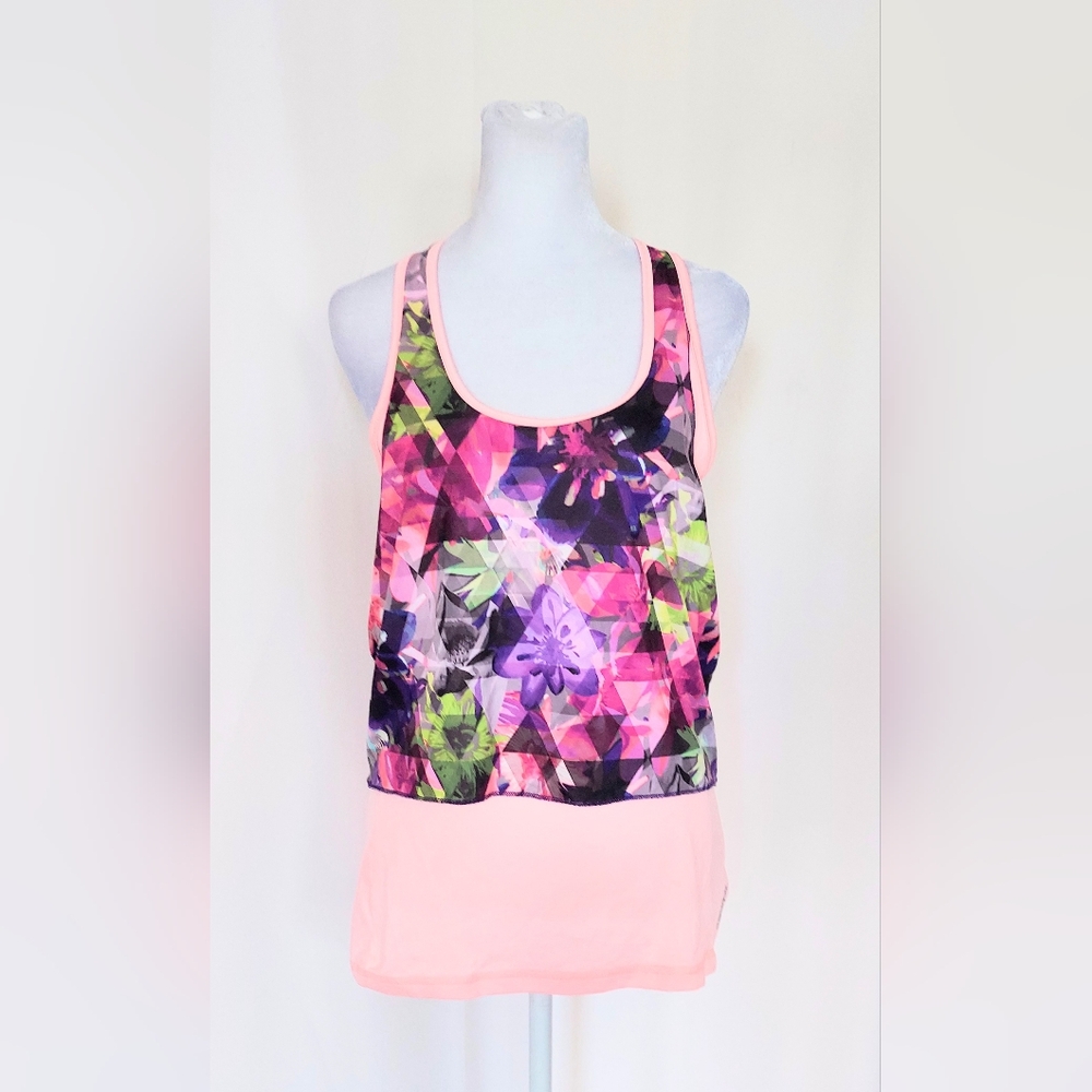 Reebok PlayDry Racerback Layered Pink Floral Tank Top Size Small